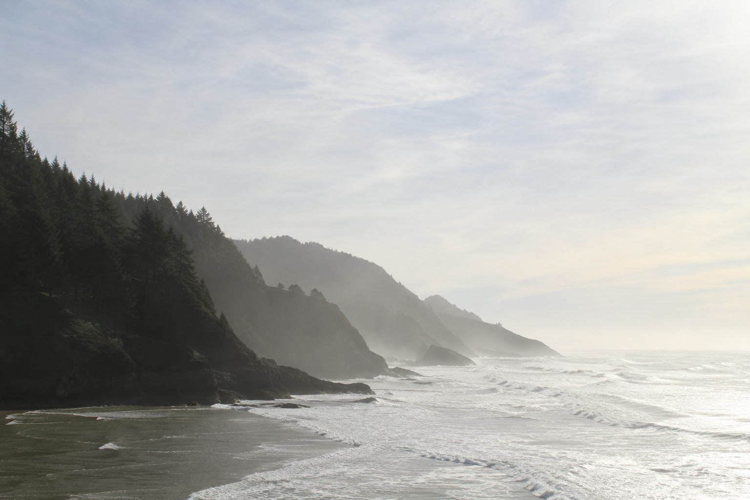 Fog over the forested headlands of the Oregon coast